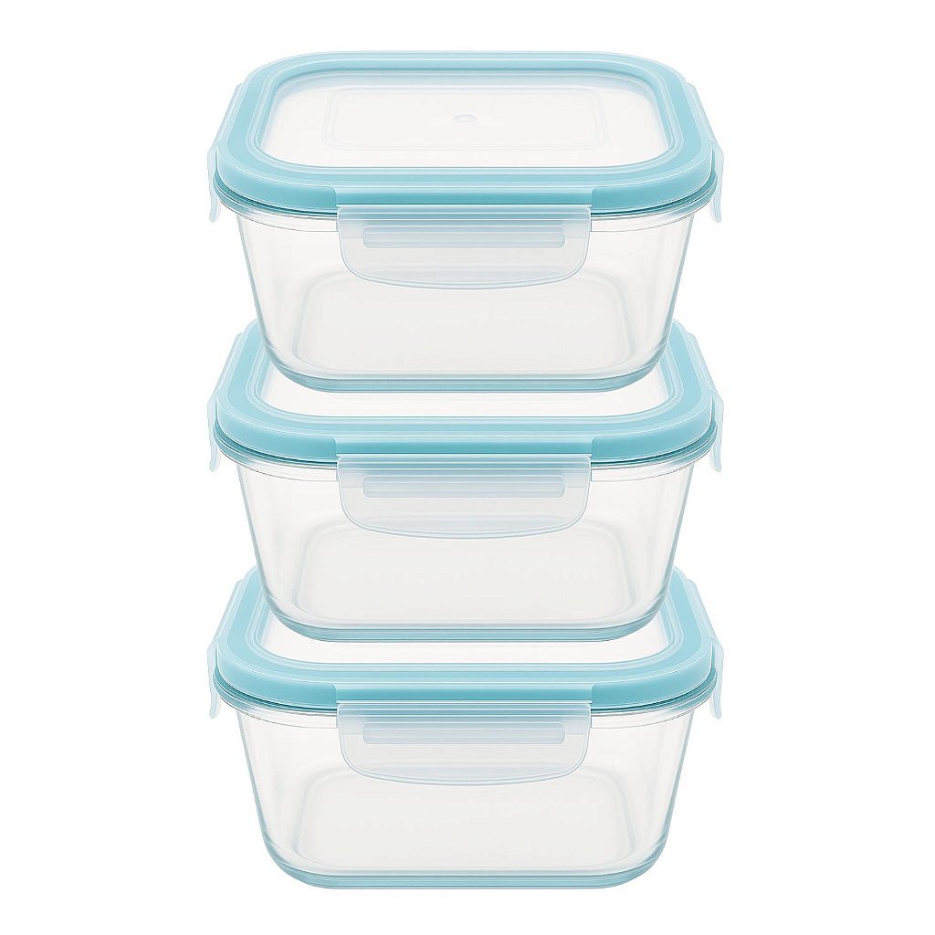 Conjunto 3 Potes Vidro Hermético Quadrado 500ml Tampa