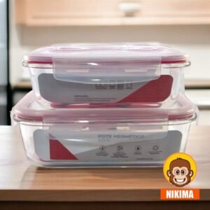 Kit 2 Potes de Vidros Hermético Marmita 1520ml e 1040ml com Tampa Vedação